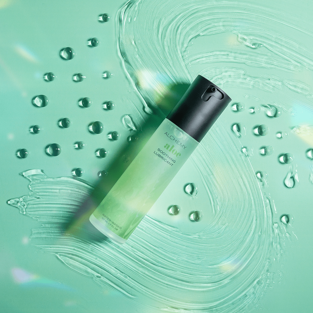 Alchemy Aloe: Hydrating Water-Based Personal Lubricant bottle with liquid texture