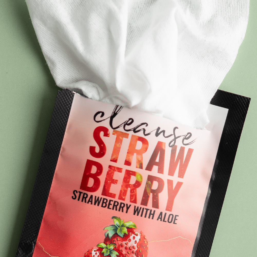 Alchemy Cleanse Strawberry Scented Wipes close-up shot