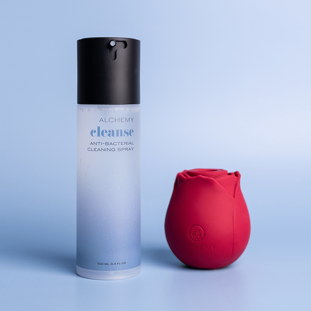 Alchemy Cleanse Antibacterial Toy Cleaner bottle with Rosebud Luxury Air-Pulse Massager