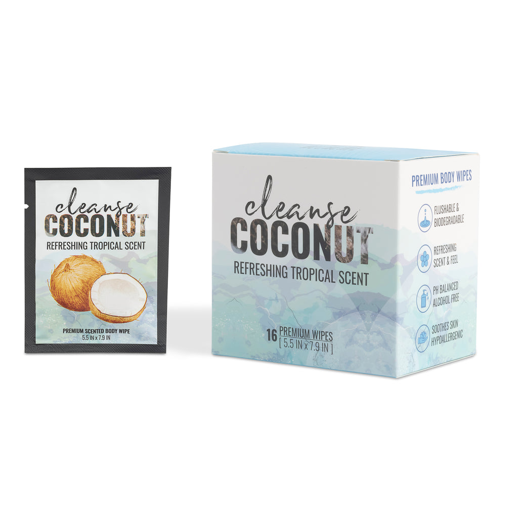 Cleanse by Alchemy® Refreshing Coconut Body Wipe Single and 16 Count Box with Transparent Background