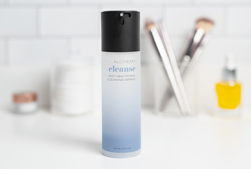 Alchemy Cleanse Antibacterial Toy Cleaner bottle on spa counter