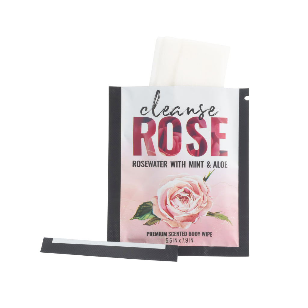 Cleanse by Alchemy® Refreshing Rosewater with Mint and Aloe Body Wipe Single Packet with Transparent Background