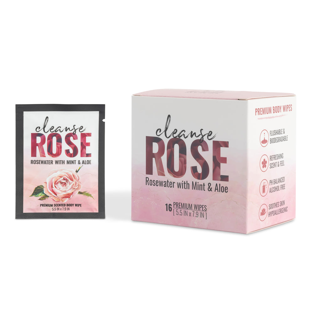 Cleanse by Alchemy® Refreshing Rosewater with Mint and Aloe Body Wipe Single and 16 Count Box with Transparent Background